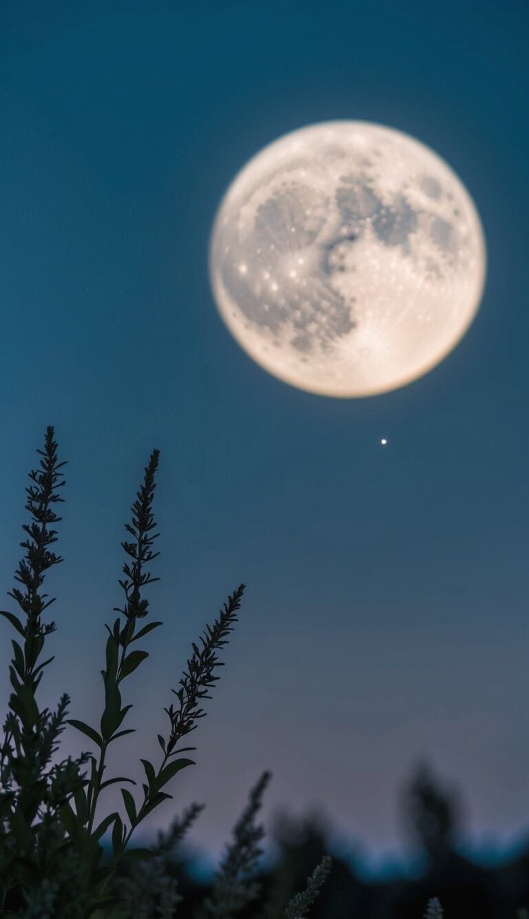 Una escena nocturna pacífica con un sereno cielo iluminado por la luna y una suave brisa, evocando una sensación de calma y amor.