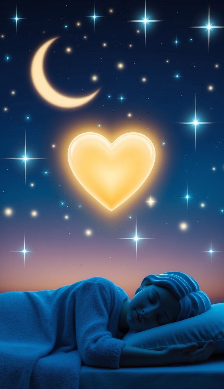 Una escena nocturna pacífica con un corazón brillante flotando sobre una figura dormida, rodeada de estrellas centelleantes y una luna creciente en el cielo.