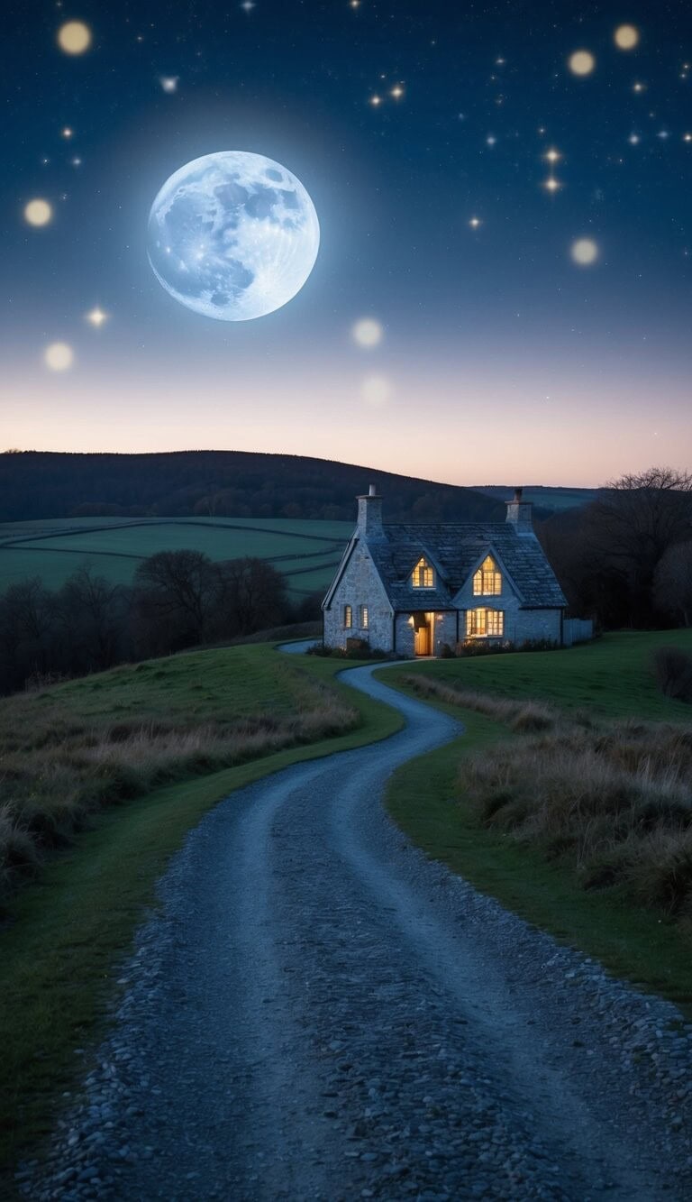 Un paisaje iluminado por la luna con un camino serpenteante que conduce a una cabaña acogedora, rodeada de estrellas centelleantes y una sensación de anticipación en el aire.
