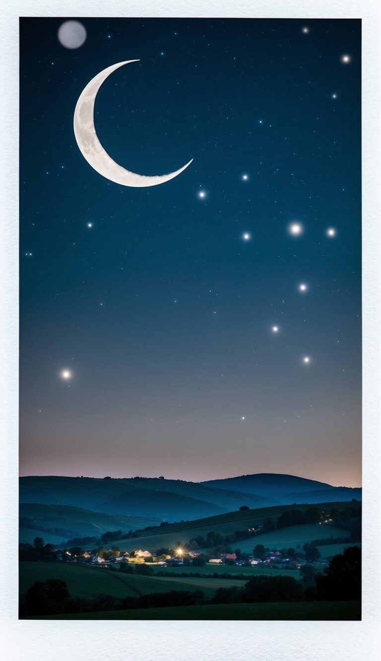 Un cielo nocturno sereno con una luna creciente y estrellas centelleantes, que proyectan un suave resplandor sobre un paisaje tranquilo de colinas ondulantes y un pacífico pueblo anidado abajo.