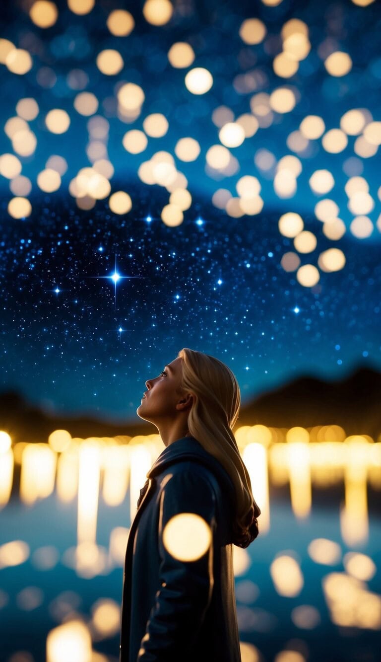 Una figura mira hacia un cielo nocturno estrellado, rodeada de una sensación de calma y reflexión.