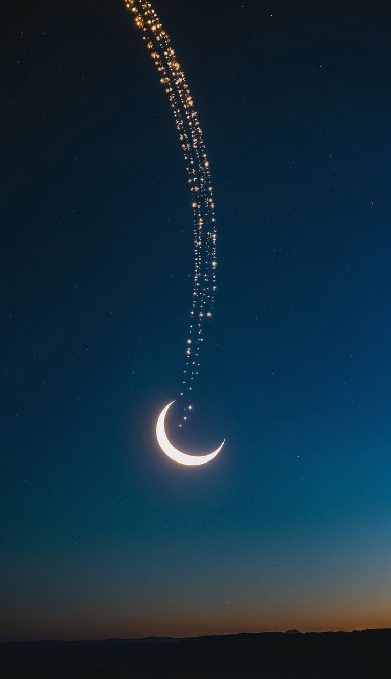 Un cielo nocturno con una luna creciente brillando sobre un paisaje oscuro, iluminado por una estela de estrellas brillantes.