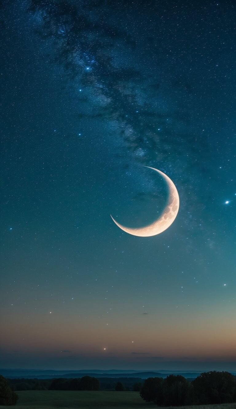 Un sereno cielo nocturno con estrellas titilantes y una luna creciente que proyecta un suave resplandor sobre un paisaje tranquilo