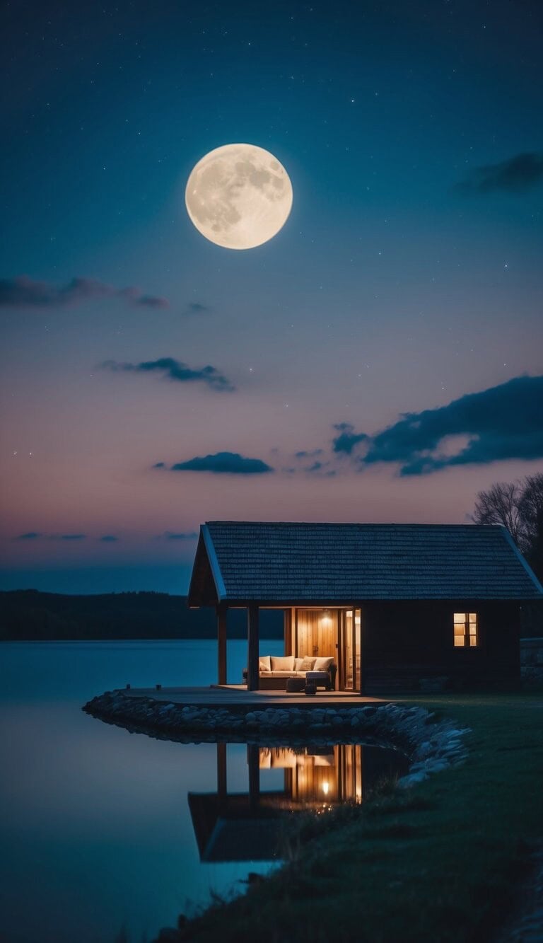 Una escena nocturna tranquila con un cielo iluminado por la luna, un refugio acogedor y un sentido de paz y seguridad