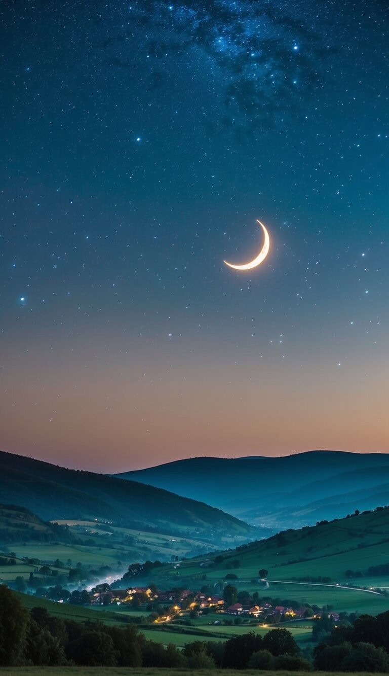 Un sereno cielo nocturno con estrellas centelleantes y una luna creciente, que arroja un suave resplandor sobre un paisaje tranquilo de colinas ondulantes y un pacífico pueblo enclavado en el valle.