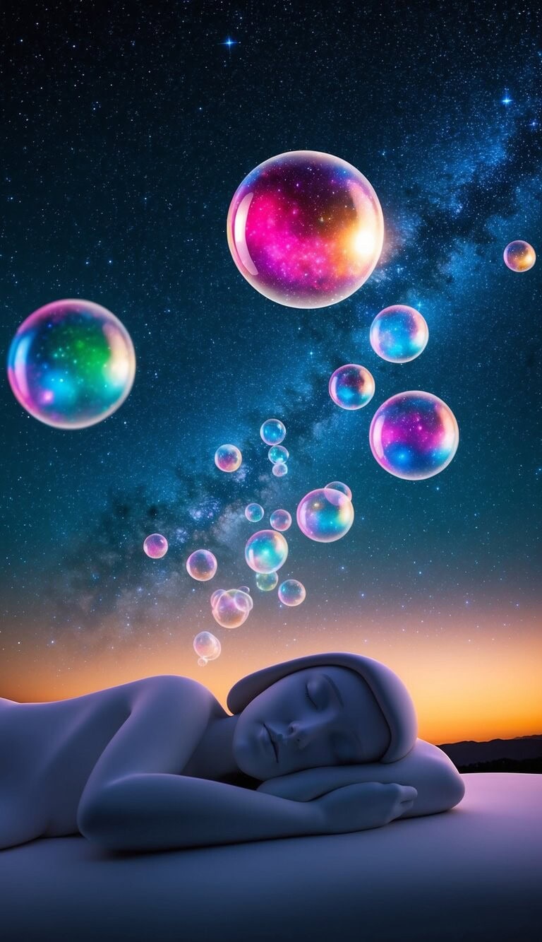 Un cielo estrellado con burbujas de sueños coloridas flotando sobre una figura durmiendo