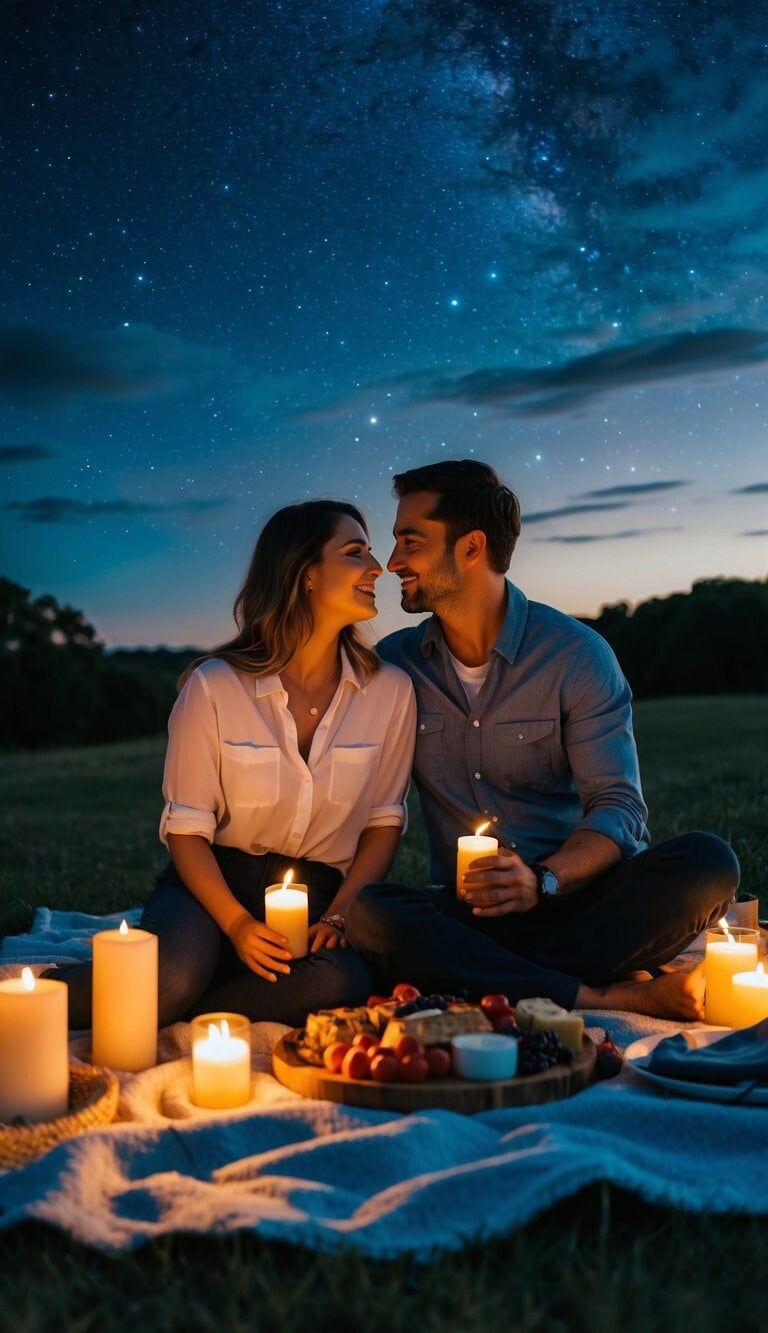 Una pareja se sienta en una manta bajo un cielo estrellado, rodeada de velas y un picnic, mientras disfrutan de una noche juntos sin tecnología.