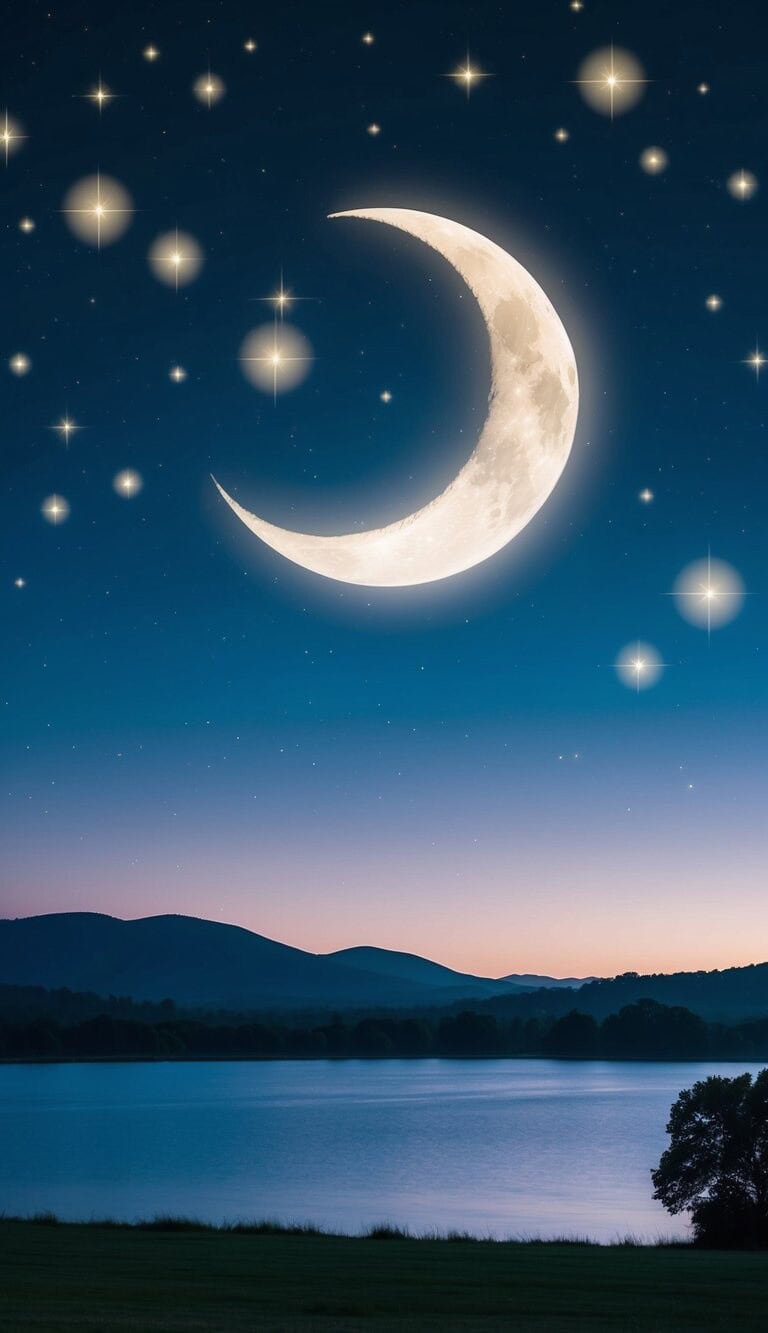 Una escena nocturna pacífica con una luna creciente y estrellas parpadeantes sobre un paisaje tranquilo