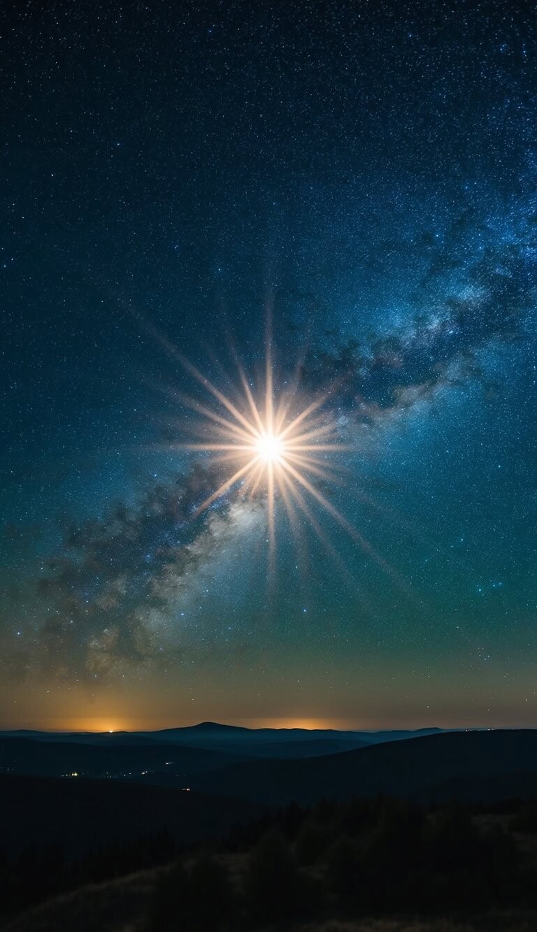 Un cielo estrellado con una brillante estrella en el centro, que emite un cálido resplandor sobre un paisaje pacífico y soñador.