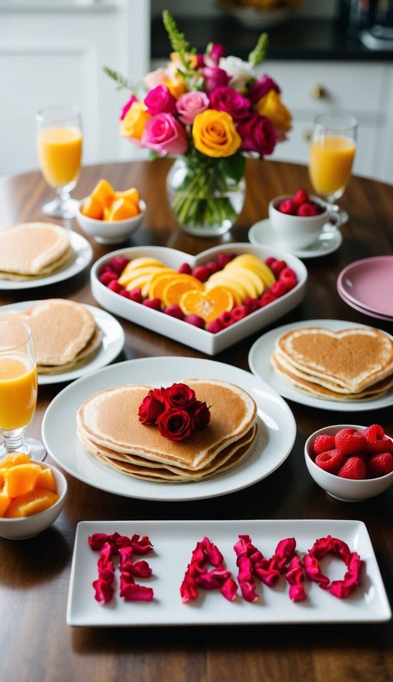 Un desayuno con panqueques en forma de corazón, frutas y flores dispuestas en una mesa con "Te Amo" escrito en pétalos de rosa.