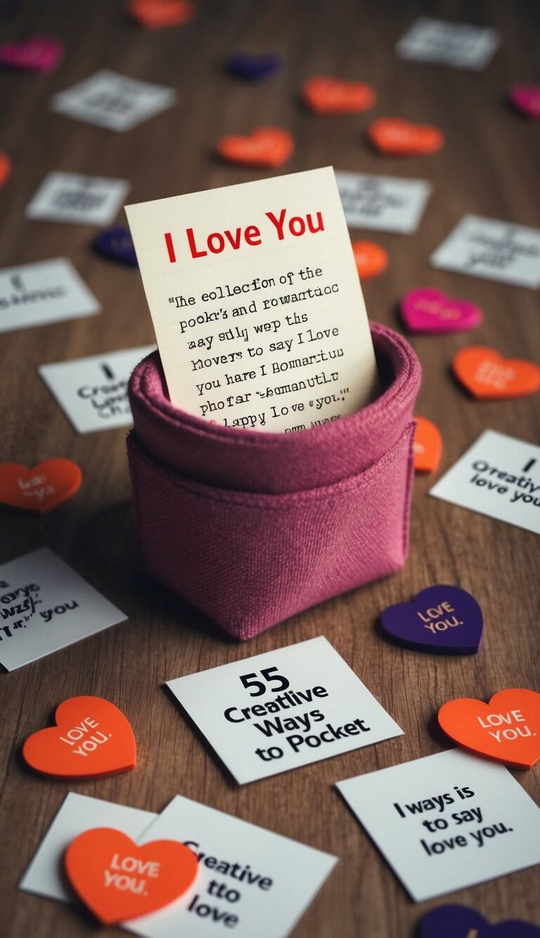 Una nota romántica guardada en un bolsillo, rodeada de una colección de 55 formas creativas de decir 'te amo.'