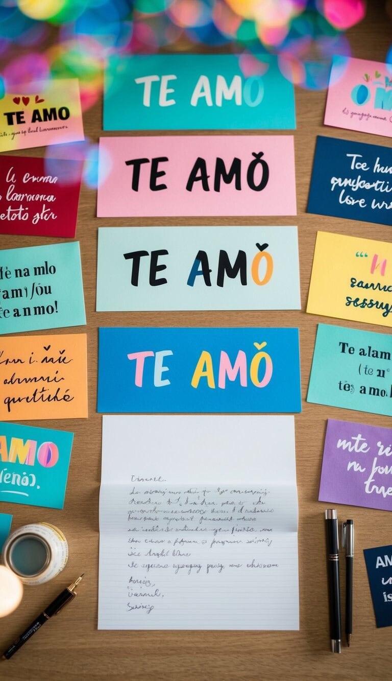 Un escritorio con una carta escrita a mano rodeada de expresiones artísticas y coloridas de "Te Amo" en varios idiomas y estilos