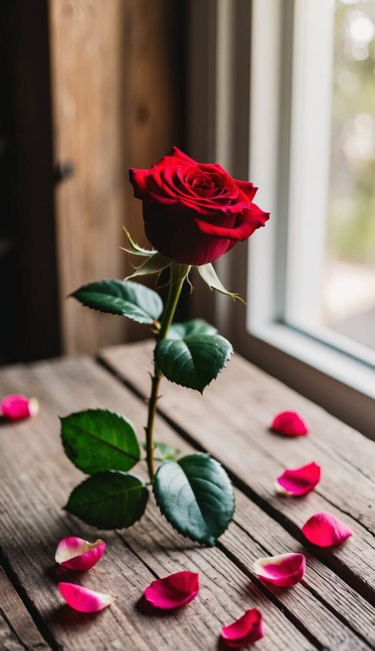 Una sola rosa roja sobre una mesa de madera rústica, rodeada de pétalos esparcidos y con la suave luz del sol entrando a través de una ventana cercana.
