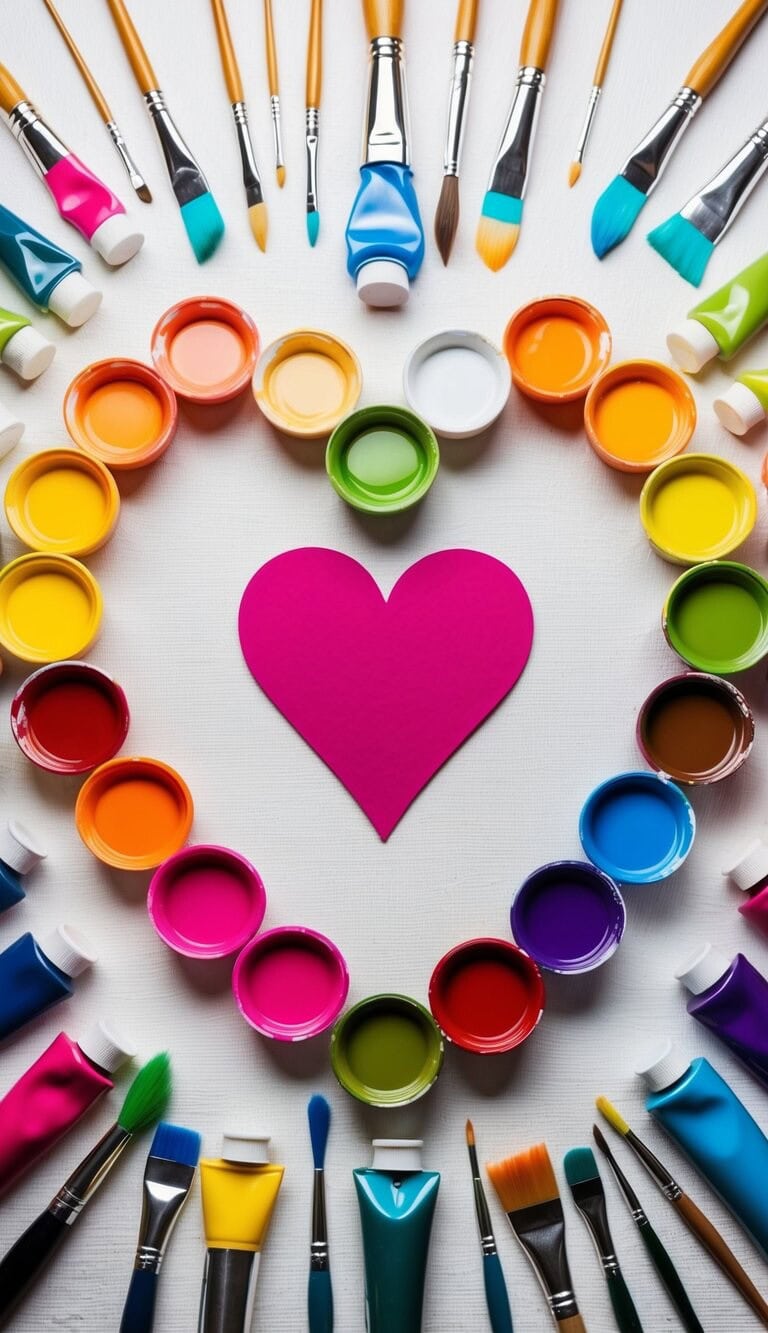Una paleta colorida de pinceles y tubos de pintura dispuestos en forma de corazón sobre un lienzo en blanco
