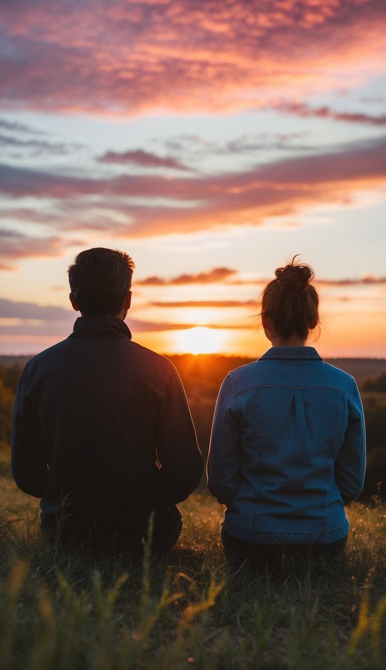 Dos figuras observan el amanecer juntas, rodeadas de un cielo colorido y una naturaleza pacífica.