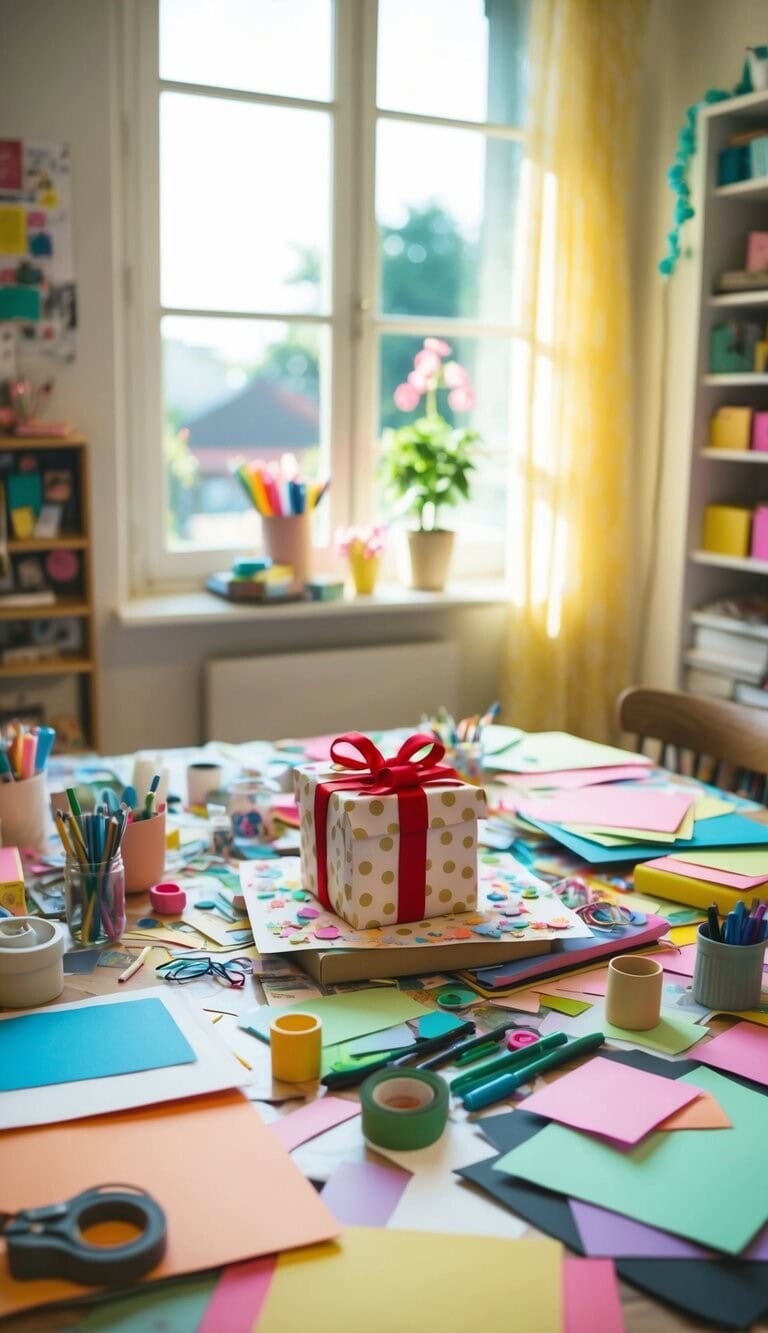 Una habitación acogedora y soleada con una mesa desordenada cubierta de materiales de arte. Un regalo hecho a mano se encuentra en el centro, rodeado de papel colorido, bolígrafos y cintas.