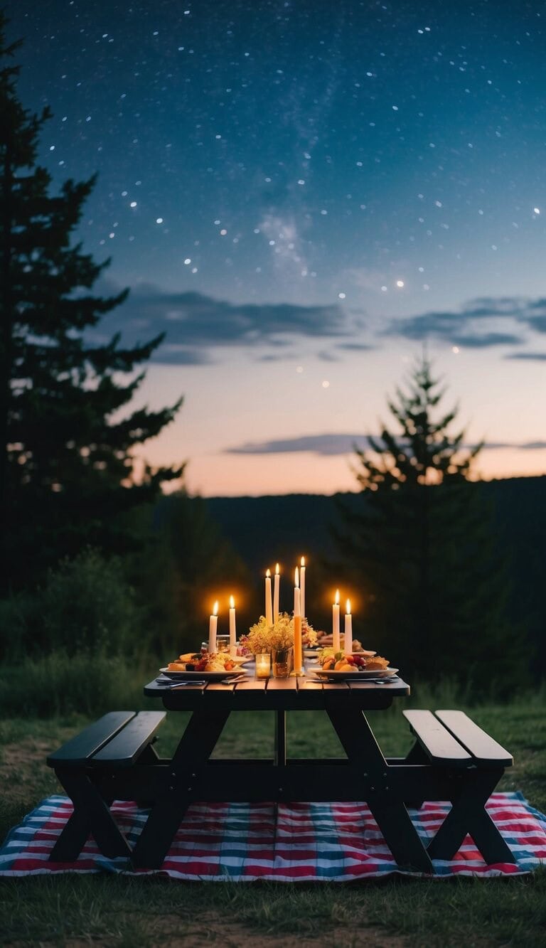 Una mesa de picnic decorada con velas y una comida gourmet bajo un cielo estrellado, rodeada de árboles y naturaleza