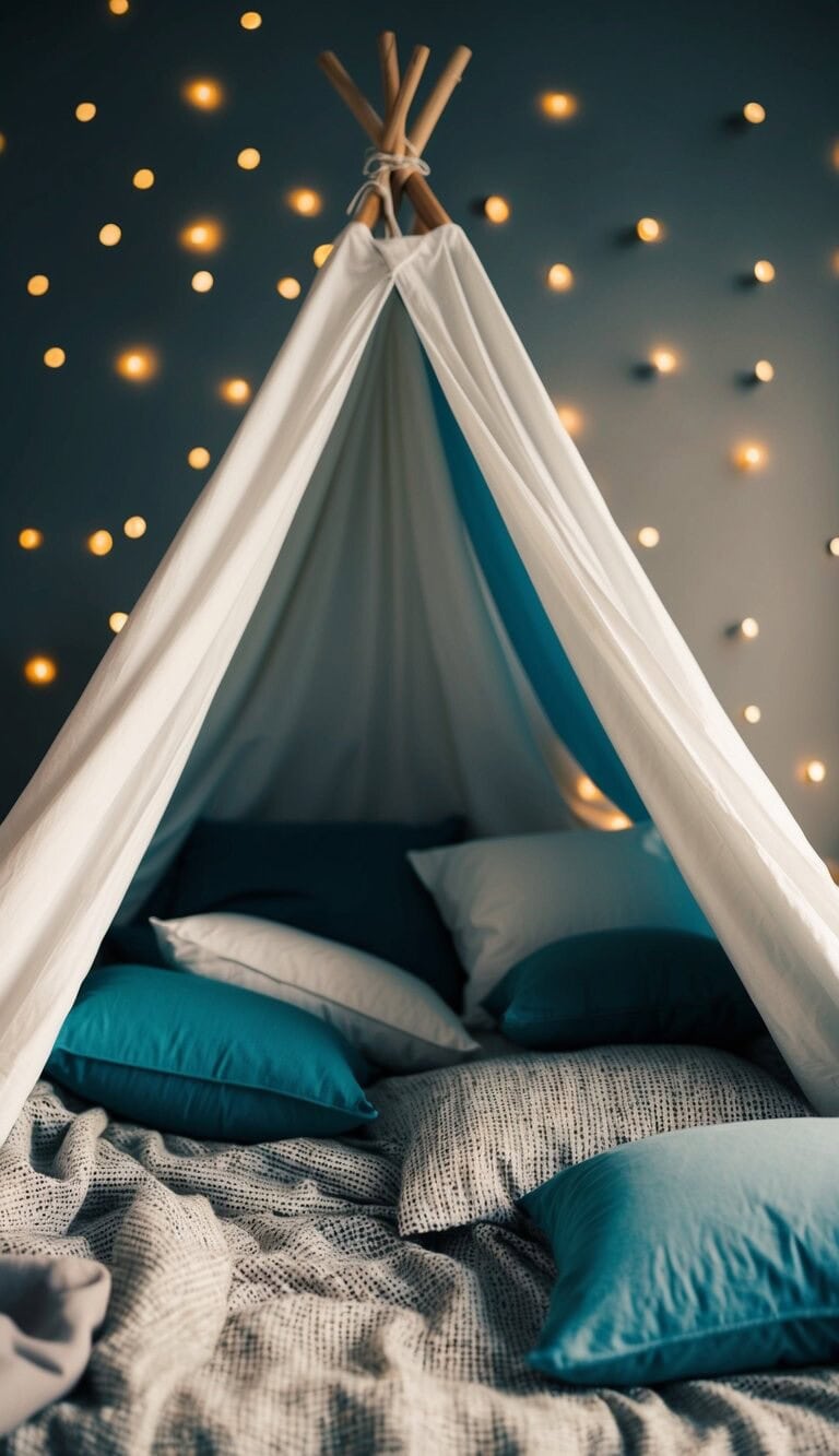 Una fortaleza improvisada hecha de sábanas, con almohadas y mantas esparcidas por alrededor