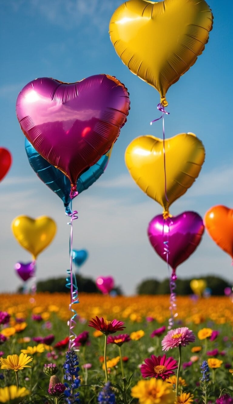 Globos en forma de corazón de colores flotando sobre un campo de flores vibrantes con un cielo azul claro de fondo