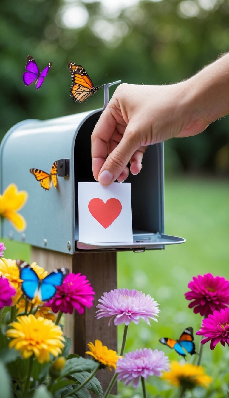Una mano colocando una tarjeta postal en forma de corazón en un buzón rodeado de flores coloridas y mariposas