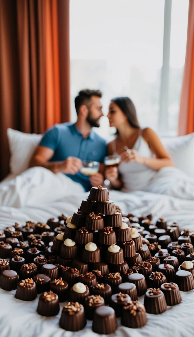 Una cama cubierta de dulces de chocolate, con una variedad de actividades para que las parejas disfruten juntas