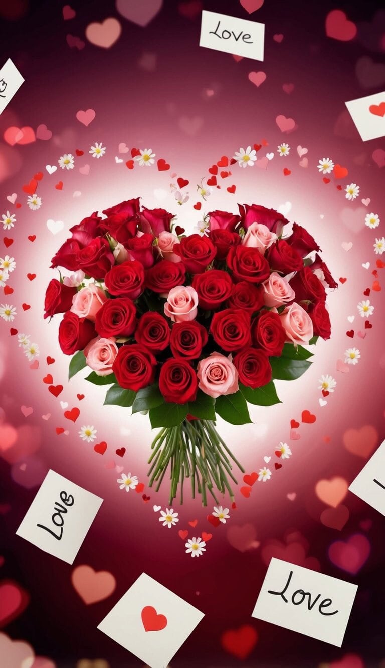 Un ramo de flores en forma de corazón rodeado de cartas de amor flotantes y símbolos de afecto