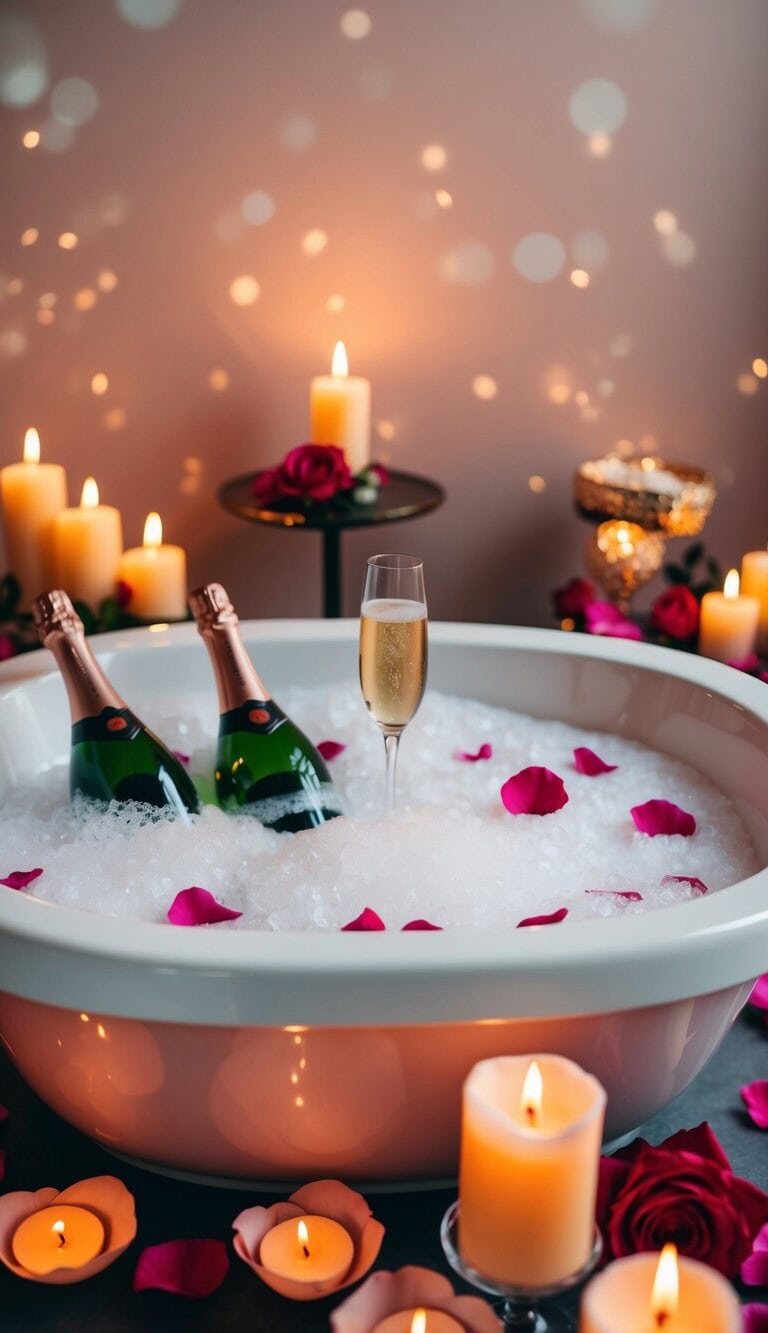 Un lujoso baño burbujeante con champán, rodeado de pétalos de rosa y velas parpadeantes