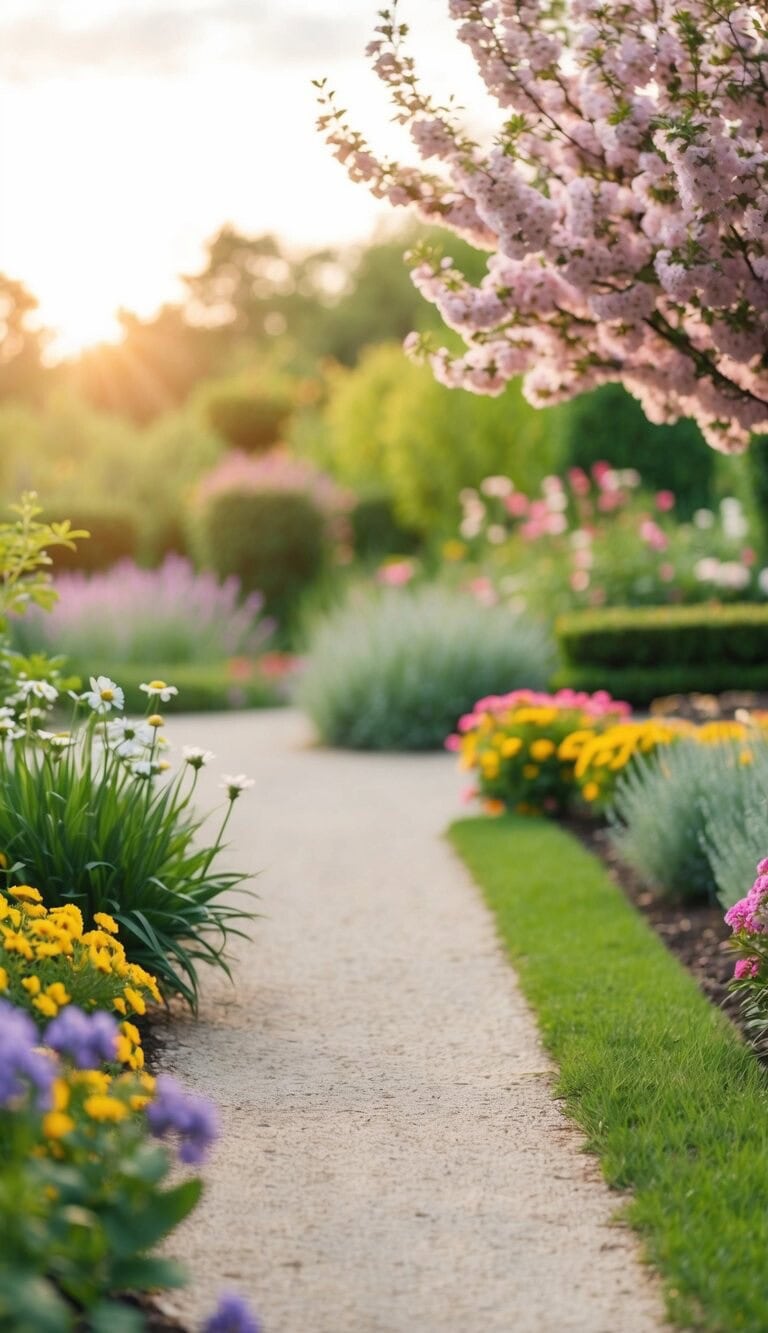 Un camino pacífico a través de un hermoso jardín con flores en plena floración y un estanque sereno