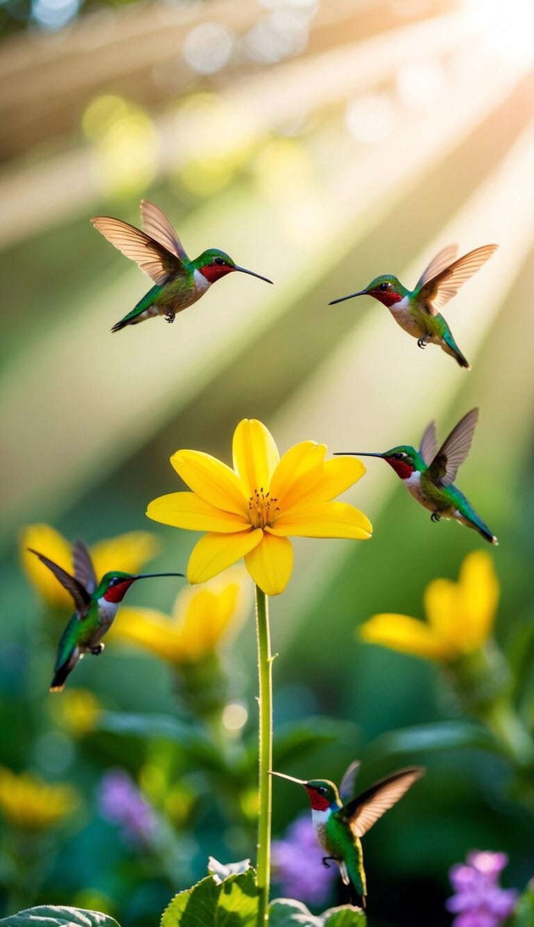 Una sola flor flotando en un rayo de sol, rodeada de coloridas mariposas y colibríes