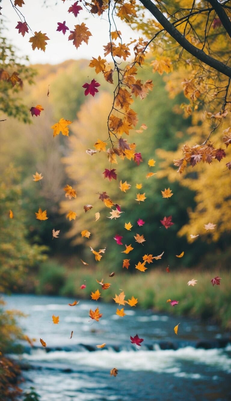 Un paisaje sereno con un río que fluye, donde hojas coloridas caen suavemente de los árboles, simbolizando el acto de dejar ir y liberar el amor con facilidad.