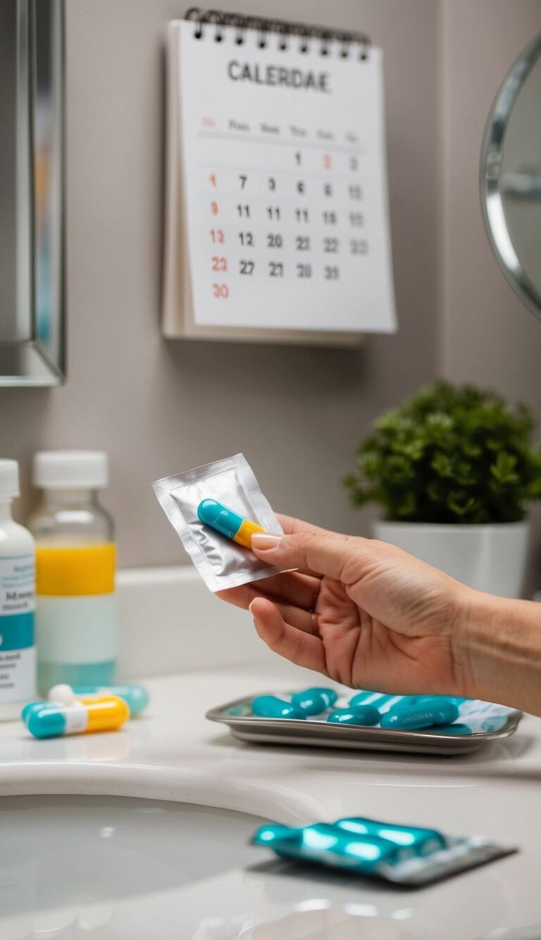 La mano de una mujer alcanzando un paquete de pastillas en un lavabo desordenado, con un calendario que muestra la fecha circunscrita en el fondo.